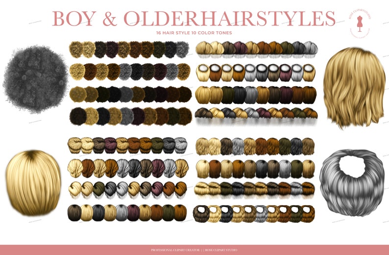 May include: An image showcasing a variety of boy and older hairstyles in 10 color tones. The text "BOY & OLDER HAIRSTYLES" is at the top. The image includes examples of different hair textures and styles, from curly to straight.