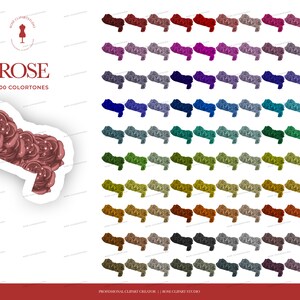 May include: A digital illustration of a rose bouquet in 100 different color variations. The rose bouquet is in a sticker style with a white outline. The text "ROSE 100 COLORTONES" is at the top of the image.
