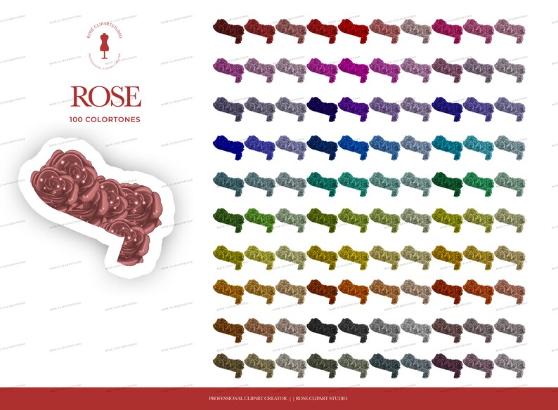 May include: A digital illustration of a rose bouquet in 100 different color variations. The rose bouquet is in a sticker style with a white outline. The text "ROSE 100 COLORTONES" is at the top of the image.