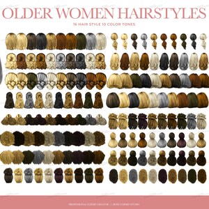 May include: Digital illustration of various hairstyles for older people. The image displays 16 hair styles in 10 color tones, including short bobs, updos, and long layered styles. The color tones range from blonde to black.