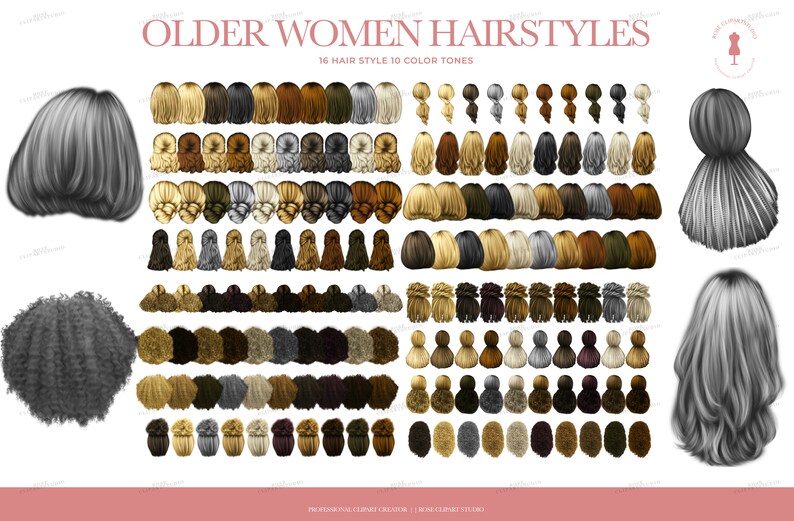May include: Digital illustration of various hairstyles for older people. The image displays 16 hair styles in 10 color tones, including short bobs, updos, and long layered styles. The color tones range from blonde to black.