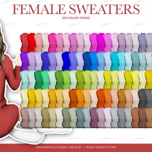 May include: A collection of 100 different colored sweaters, each in a different shade. The sweaters are arranged in rows, with each row containing 10 sweaters. The sweaters are all the same style, with a long sleeve and a crew neck. The sweaters are all made of a soft, knitted fabric. "FEMALE SWEATERS 100 COLOR TONES" is written at the top of the image.