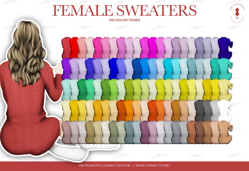 May include: A collection of 100 different colored sweaters, each in a different shade. The sweaters are arranged in rows, with each row containing 10 sweaters. The sweaters are all the same style, with a long sleeve and a crew neck. The sweaters are all made of a soft, knitted fabric. "FEMALE SWEATERS 100 COLOR TONES" is written at the top of the image.