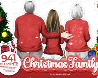 Christmas family Clipart, Sitting Family, New Year Clipart, X Mas Family Clipart, Love Clipart ,Custom Family Portrait, Gift Idea Clipart