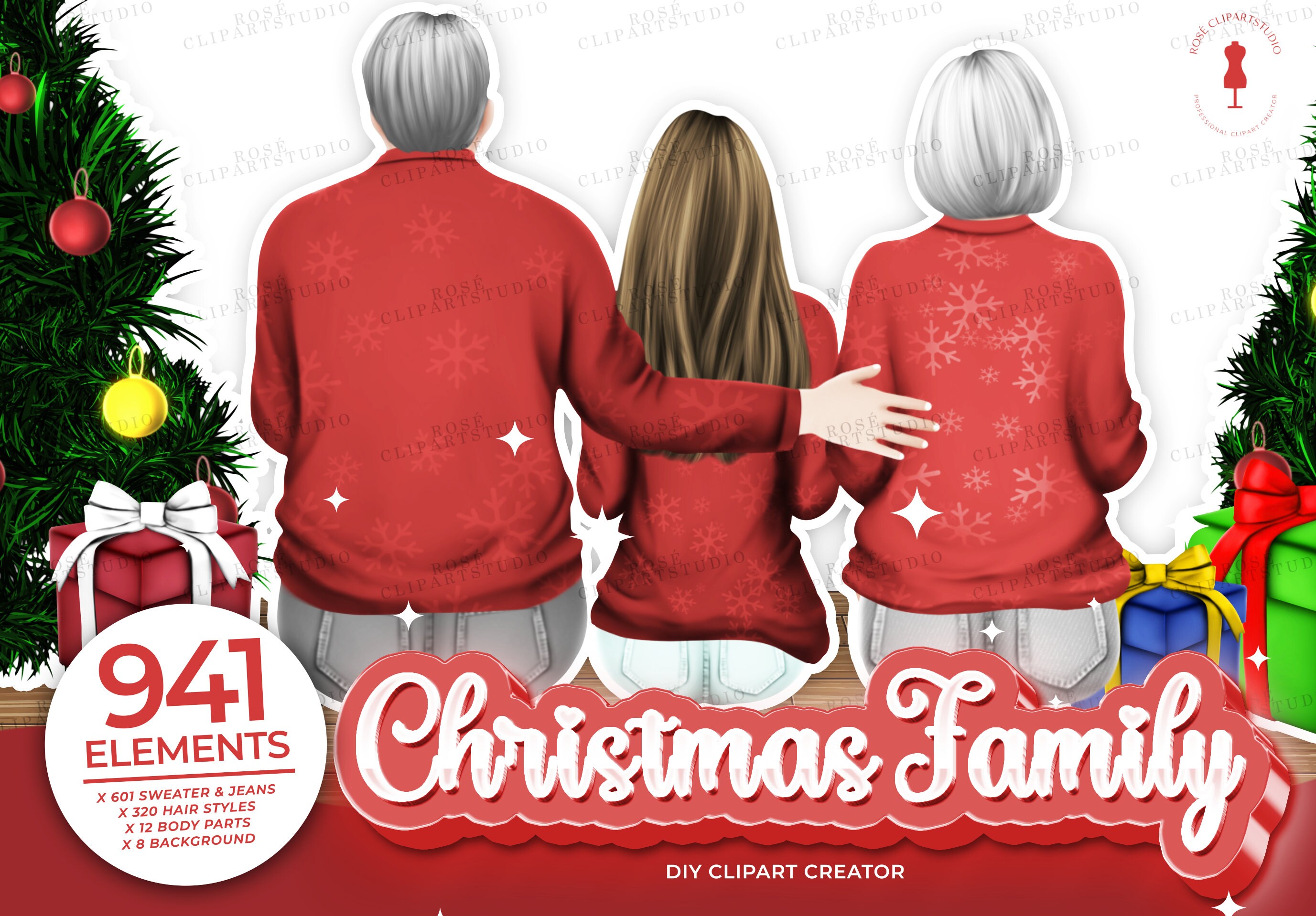 Christmas Family Clipart, Sitting Family, New Year Clipart, X Mas