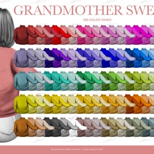May include: Illustration of a woman wearing a pink sweater and white jeans, with a display of 100 color variations of a turtleneck sweater. The text "GRANDMOTHER SWEATER" is at the top.