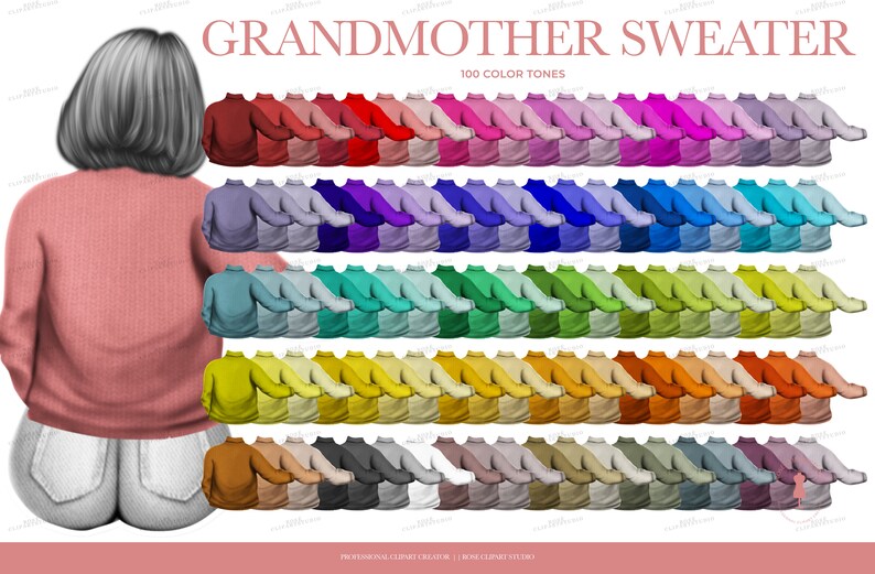 May include: Illustration of a woman wearing a pink sweater and white jeans, with a display of 100 color variations of a turtleneck sweater. The text "GRANDMOTHER SWEATER" is at the top.