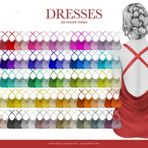 May include: A set of 120 colorful dresses with a criss-cross back design. The dresses are arranged in rows of 12, with each row featuring a different color palette. The dresses are all the same style, but they come in a variety of colors, including red, blue, green, yellow, orange, purple, pink, and brown. The dresses are all made of a soft, flowing fabric.  Dresses 120 Color Tones.