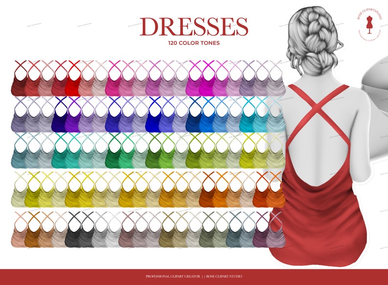 May include: A set of 120 colorful dresses with a criss-cross back design. The dresses are arranged in rows of 12, with each row featuring a different color palette. The dresses are all the same style, but they come in a variety of colors, including red, blue, green, yellow, orange, purple, pink, and brown. The dresses are all made of a soft, flowing fabric.  Dresses 120 Color Tones.