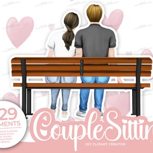 May include: Digital illustration of a couple sitting on a wooden bench, viewed from behind. The image includes pink hearts and text that reads "Couple Sitting" and "929 Elements". The bench is brown with black legs.