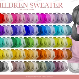 May include: An illustration of a child's sweater in 100 color tones. The sweaters are arranged in rows, showcasing a wide range of colors from red to brown. The text "CHILDREN SWEATER" is at the top. A cartoon figure of a child wearing a pink sweater is on the right.