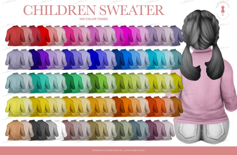 May include: An illustration of a child's sweater in 100 color tones. The sweaters are arranged in rows, showcasing a wide range of colors from red to brown. The text "CHILDREN SWEATER" is at the top. A cartoon figure of a child wearing a pink sweater is on the right.