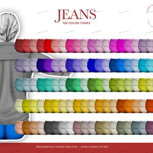 May include: A collection of 120 different colored denim jeans, each with a back pocket and belt loops. The jeans are arranged in rows of 12, with each row featuring a different color. The colors range from bright reds and blues to muted greens and browns. The text "JEANS 120 COLOR TONES" is displayed at the top of the image.