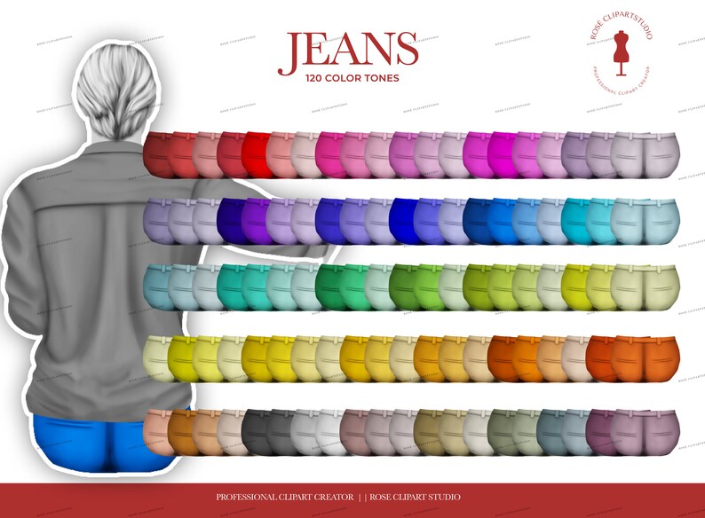 May include: A collection of 120 different colored denim jeans, each with a back pocket and belt loops. The jeans are arranged in rows of 12, with each row featuring a different color. The colors range from bright reds and blues to muted greens and browns. The text "JEANS 120 COLOR TONES" is displayed at the top of the image.