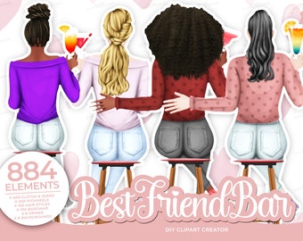 Club des meilleures amies, filles dans un bar à cocktails, bar, mode club, cocktails, filles amusantes, chaises de bar, clipart meilleur ami, clipart fête EVJF
