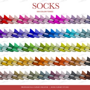 May include: A set of 100 colorful socks in various shades of red, pink, purple, blue, green, yellow, orange, brown, and gray. The socks are arranged in rows, with each row featuring a different color. The socks are all the same style, with a pointed toe and a ribbed texture. The text "SOCKS 100 COLOR TONES" is displayed at the top of the image.