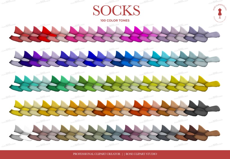 May include: A set of 100 colorful socks in various shades of red, pink, purple, blue, green, yellow, orange, brown, and gray. The socks are arranged in rows, with each row featuring a different color. The socks are all the same style, with a pointed toe and a ribbed texture. The text "SOCKS 100 COLOR TONES" is displayed at the top of the image.