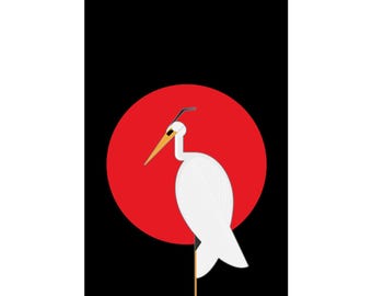 Minimalist Reiher Geometrische Kunst Matte Vertikales Poster | Japanisch inspirierte Vogelillustration