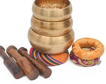 Hand Hammered Tibetan Singing Bowl Set: Chakra Healing, Meditation Sound