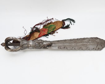 Handmade Antique Tibetan Silver Ritual Knife: Traditional Tribal Hunting and Fighting Tool Sword Tantric Collectible Art