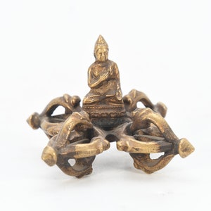 Exquisite Antique Brass Dorje and Buddha Carved Thunderbolt: Handcrafted Buddhist Meditation Ritual Artifact Collectibles