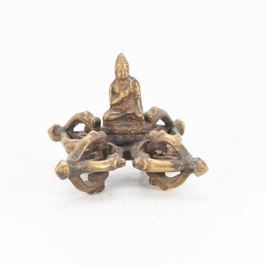 Handcrafted Brass Buddha with Intricate Carvings and Double Dorje Ritual Thunderbolt Altar Tibetan Vajra Spiritual Enlightenment