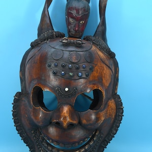 25% KORTING!! Handgesneden Tibetaans stammasker Vintage hoorn vervaardigde traditionele muurhangende antieke decoratieve maskercollectie kunst