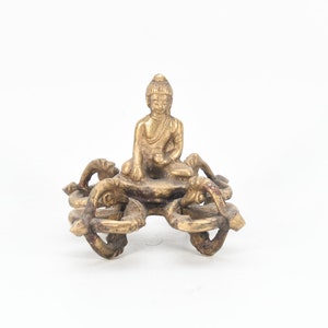 Enchanted Harmony: Magical Brass Meditating Buddha with Double Dorje Carved Ritual Vajra Tantric Art Spiritual Collection