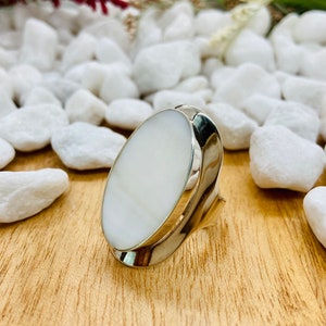 Mother of Pearl Sterling Silver Ring | Genuine Large 30mm oval White Pearl Ring | Oversized Ring| | Handmade Ring | Elegant Silver Ring