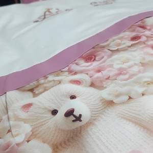 Personalized Embroidered Baby Bedding Set - 4-Piece 100% Cotton - Plush Teddy Bear and Floral Design - Girl Bedding