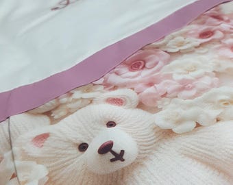 Personalized Embroidered Baby Bedding Set - 4-Piece 100% Cotton - Plush Teddy Bear and Floral Design - Girl Bedding
