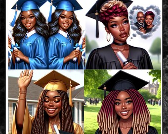 May include: Four illustrations of Black women in graduation caps and gowns. The women are smiling and holding diplomas. The text "I DID IT!" is at the top of the image. The text "CHATGPT AND DALL-E 3 GRADUATION AI ART PROMPT GUIDE" is at the bottom of the image.