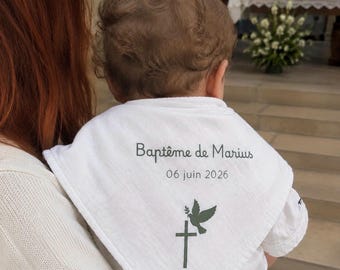 Lange de baptême personnalisé - Lange blanc en gaze de coton - Souvenir de baptême - Prénom, date et motif - Châle de baptême