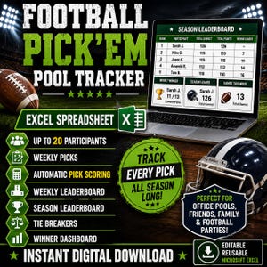Op de afbeelding: Een digitaal Excel-spreadsheet voor het bijhouden van football-voorspellingen op een laptopscherm, met een seizoensklassement, wekelijkse keuzes, automatische puntentelling, tie-breakers en een dashboard voor maximaal 20 deelnemers, met een football en helm.