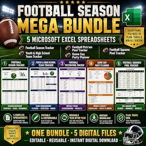 Può includere: Un pacchetto di prodotti digitali intitolato Football Season Mega Bundle contenente 5 fogli di calcolo Microsoft Excel, tra cui un tracker di stagione, un tracker di squadra, un tracker di pronostici, un pianificatore di feste e un tracker.
