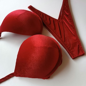 Puede incluir: Un conjunto de dos copas de sujetador de terciopelo rojo y una braga de bikini de terciopelo rojo a juego.