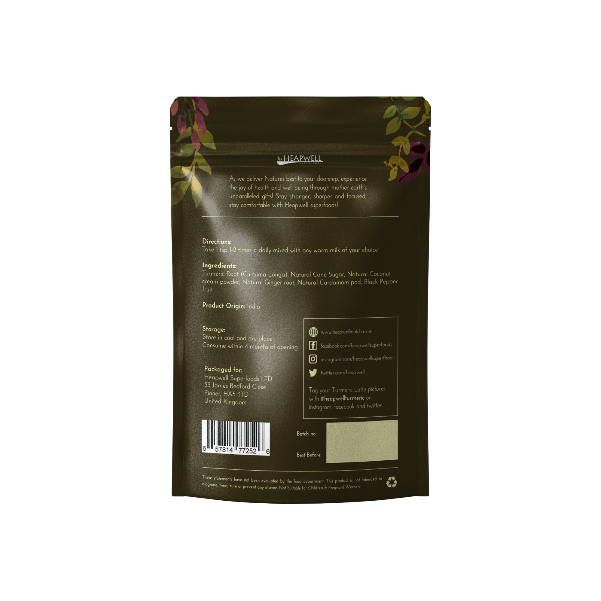 Turmeric Golden Milk Instant Mix 80g Coconut, Ginger Cardamom, Black Pepper Perfect for Vegans