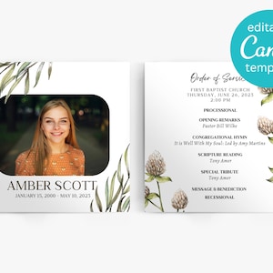 May include: A funeral program template with a floral design featuring clover flowers and green leaves. The program includes the name "Amber Scott", dates, and the order of service for a memorial service at First Baptist Church.