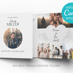 5 X 5 TROIS POIS, modèle Canva, chemise pour service commémoratif, carré funérailles imprimable, brochure canva à trois volets, personnaliser