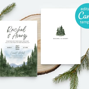 5X7&quot; Mountain Wedding Save the Date, Editable CANVA TEMPLATE, Customizable Wedding Invite, Mountain Water Color and Trees, Hand Painted