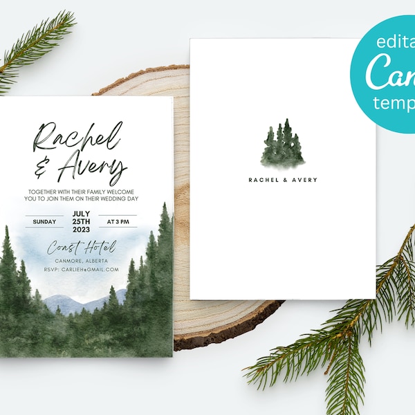 5X7" Mountain Wedding Save the Date, Editable CANVA TEMPLATE, Customizable Wedding Invite, Mountain Water Color and Trees, Hand Painted