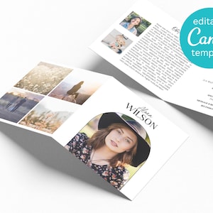 May include: A graduation program template with a photo of a young woman in a floral dress and hat. The program includes the order of events, a photo collage, and the text "Alan Wilson".