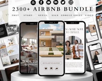 Op de afbeelding: Een digitaal marketingpakket voor Airbnb-hosts met een witte achtergrond en drie telefoonschermen die mockups van social media-berichten weergeven. De tekst bovenaan de afbeelding luidt "2300+ Airbnb Bundle". De tekst op de telefoonschermen luidt "Book to", "Did you like the vacation?" en "Bring some soul to travel."