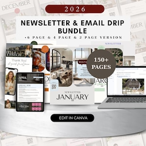 May include: A digital marketing bundle with the text "NEWSLETTER & EMAIL DRIP BUNDLE" and "2026". The bundle includes templates for newsletters, with options for 6, 4, and 2-page versions. The image also shows a laptop, tablet, and phone with newsletter examples.