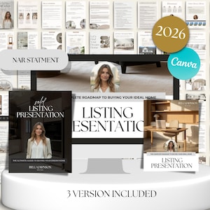 May include: A collection of real estate listing presentation templates. The image features various documents with text such as "Sold Listing Presentation" and "Listing Presentation". The design includes a photo of a woman and the Canva logo.