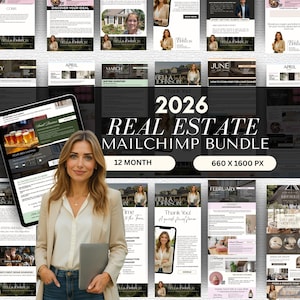 May include: A woman in a tan blazer and jeans holds a laptop, with a digital tablet displaying a beer advertisement. The image promotes a 2026 Real Estate Mailchimp Bundle, with various email templates and the text "12 MONTH" and "660 X 1600 PX".