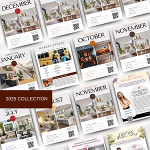 Peut inclure: Une collection de bulletins immobiliers de 2025 pr&eacute;sentant des images de maisons, d'un autobus scolaire et d'une femme. Les bulletins sont intitul&eacute;s avec les mois de l'ann&eacute;e, tels que janvier, juillet, ao&ucirc;t, octobre, novembre et d&eacute;cembre. Les bulletins comprennent &eacute;galement du texte tel que "Mise &agrave; jour du march&eacute;", "Offres chaudes d'ao&ucirc;t" et "Pr&eacute;parez-vous pour un environnement familial chaleureux pour la Saint-Valentin !"