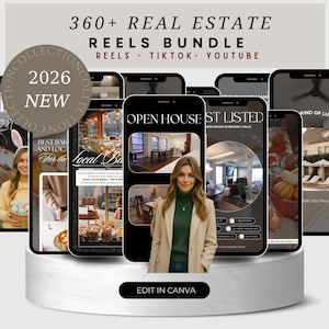 May include: A collection of smartphone screens displaying real estate marketing content. The screens showcase open house listings, local bakery promotions, and other real estate-related visuals. Text includes "360+ Real Estate Reels Bundle" and "Edit in Canva."