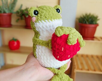 Fluffy Crochet Frog, Amigurumi Frog, Crochet Strawberry, Cute Crochet Animal, Spring Decor, Frog/Strawberry Decor, Frog Plush, Froggy Toy