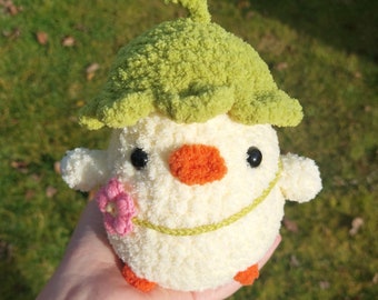 Soft Crochet Chubby Duck Plushie, Fluffy Leaf Hat & Flower Bag, Handmade Amigurumi Toy, Stuffed Animal, Squishy Yellow Duckling, Desk Buddy